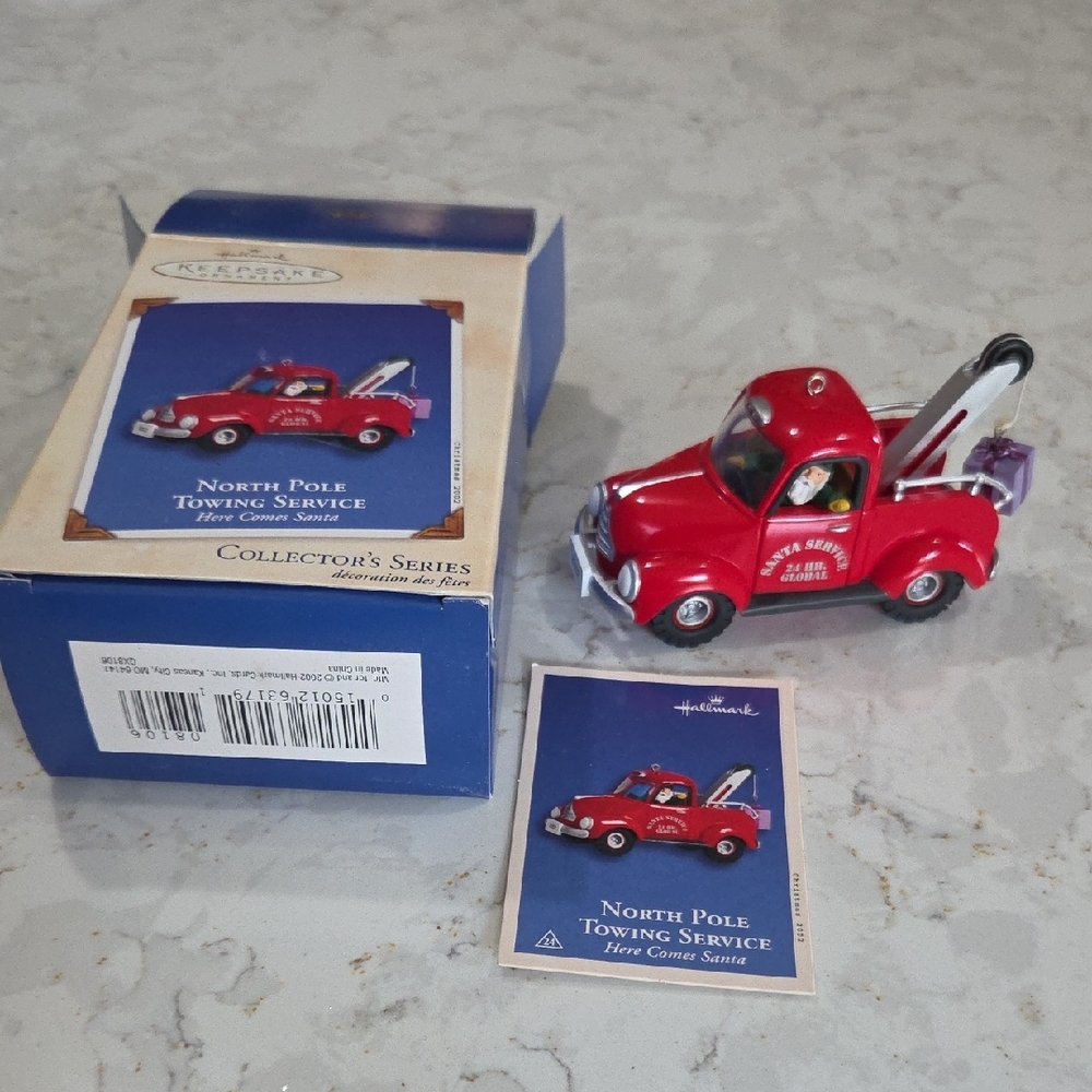 2002 Hallmark Red North Pole Tow Truck Christmas Ornament